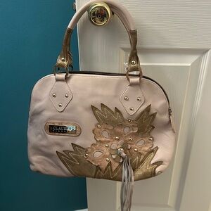 Claudia Firenze Italian Beige Tan Leather Suede Satchel Bag Floral Tassel